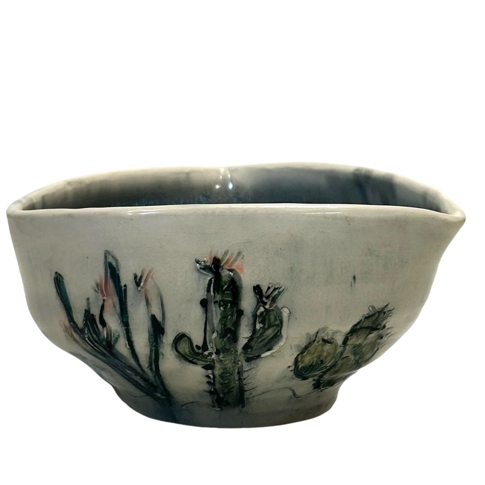 Studio pottery small hand painted planter with cactus design, Triangular shape